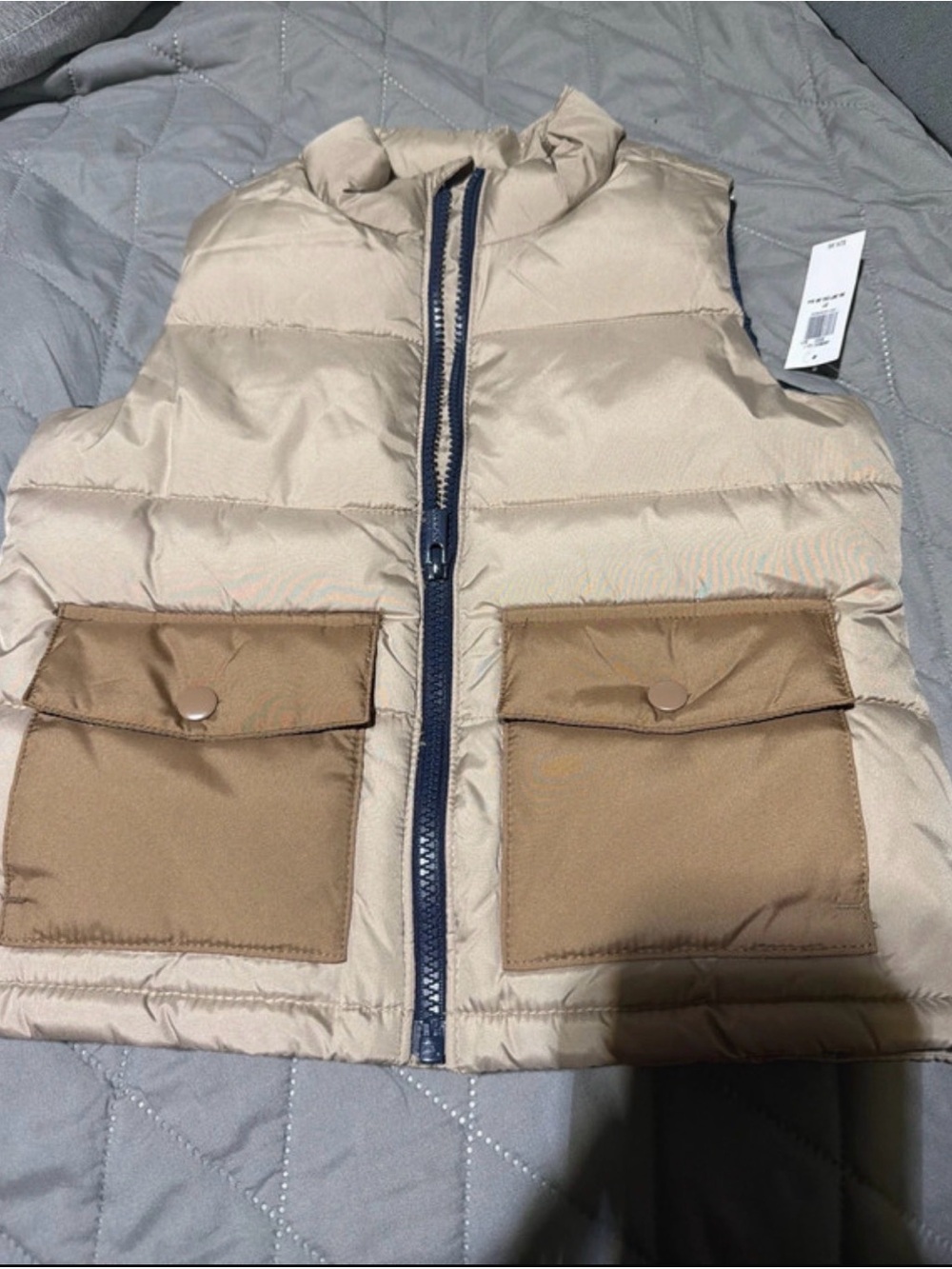 Old Navy Beige Puffer Vest with Brown Pocket Accents